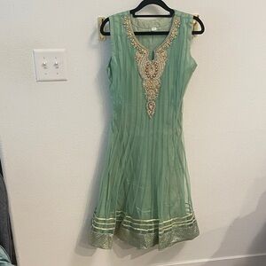 Gorgeous green Saree/ sari dress pants and scarf gold beading and green accents